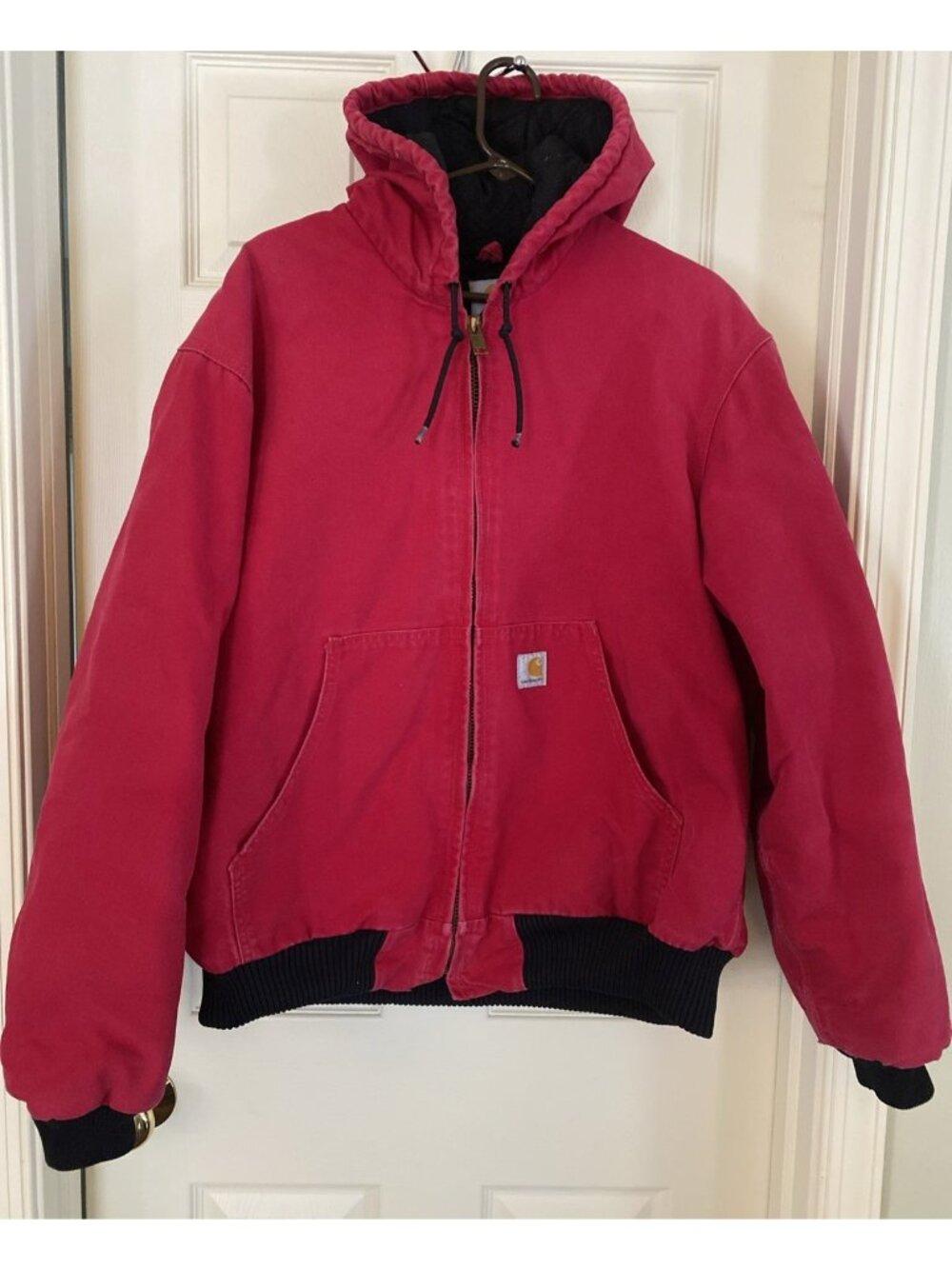 VTG Carhartt Y2K Unisex Red Hooded Zip-Up Work Farm Jacket Large USA Made - Picture 1 of 16